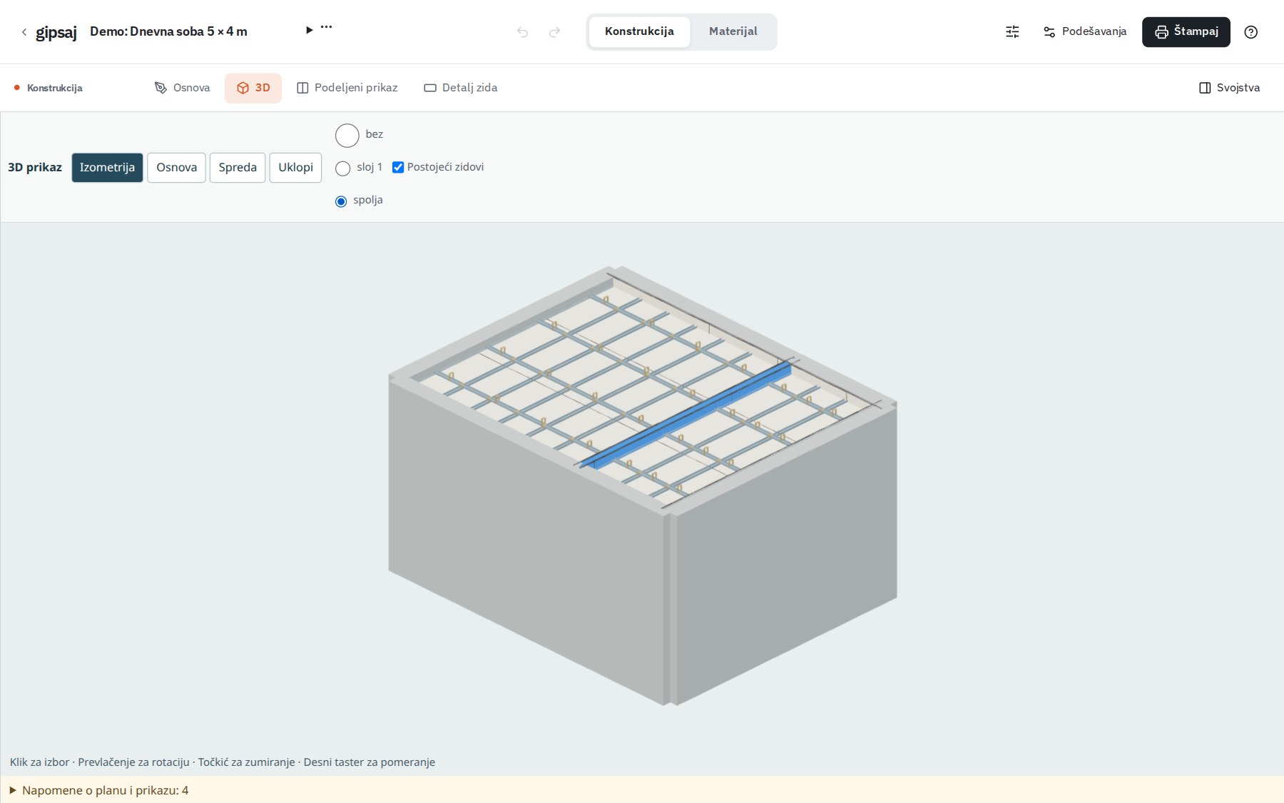 3D model dnevne sobe u izometriji, sa profilima spuštenog plafona i pregradnim zidom.